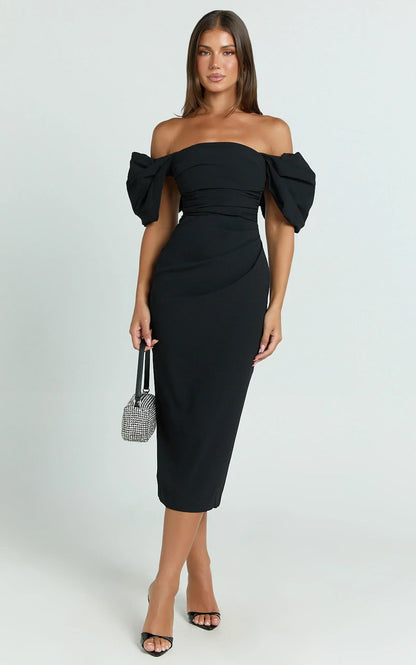 Lohan Midi Dress - Off Shoulder Puff Sleeve in Black