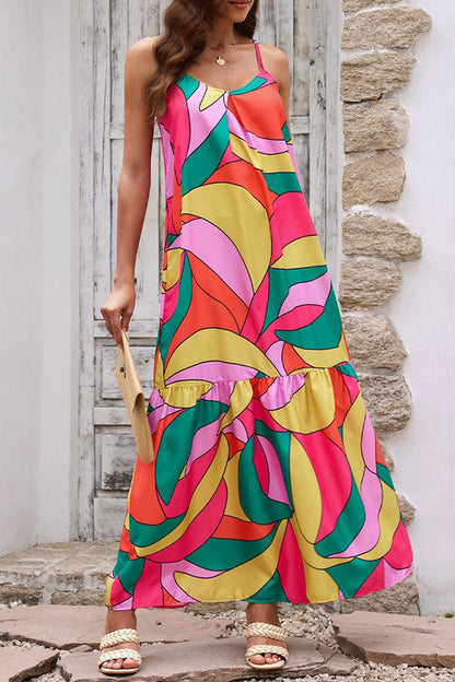 Vestido largo con cuello en V, bloques de colores geométricos multicolores y capas