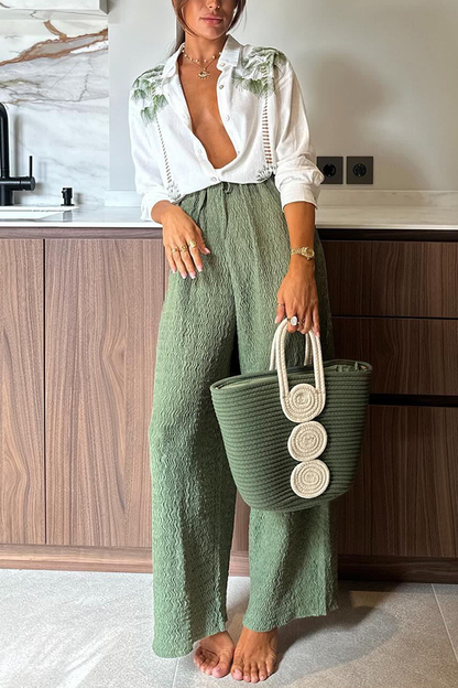 Conjunto de blusa holgada y pantalón con cintura elástica con estampado único de mezcla de lino Tropical Calling
