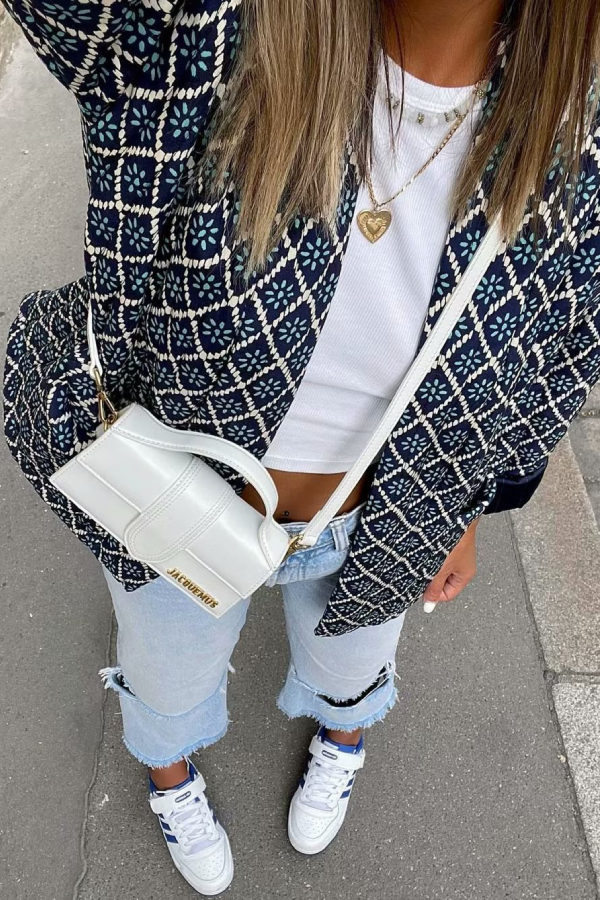 Chaqueta holgada de algodón ligero con estampado de diamantes 