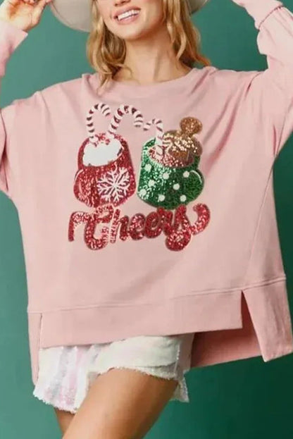 Sudadera informal holgada con lentejuelas y taza de dulces navideños