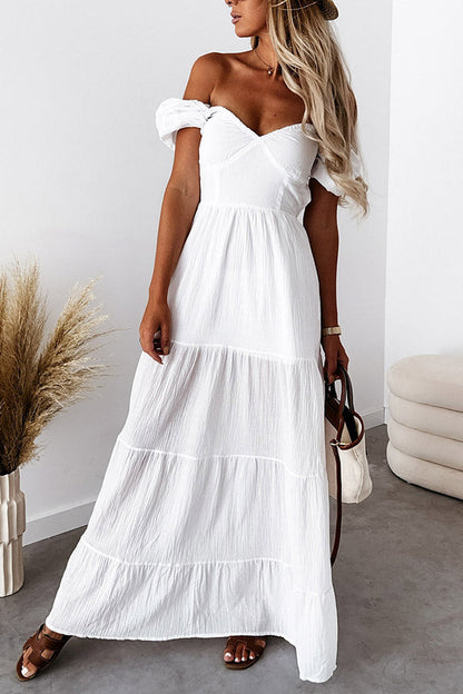 Vestido de cintura alta para uso diario, con mangas cortas, hombros descubiertos, espalda descubierta, tirantes, temperamento, de color liso