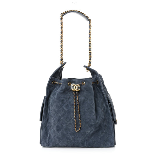 Suede Quilted Medium Chanel 25 Handbag Blue