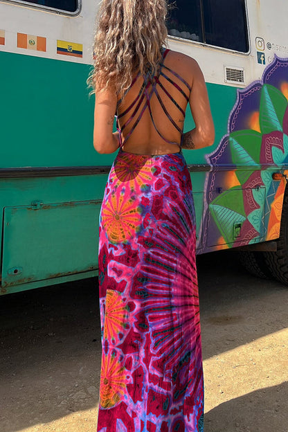 Vestido largo elástico con cordones en la espalda y estampado tie-dye de La Bamba