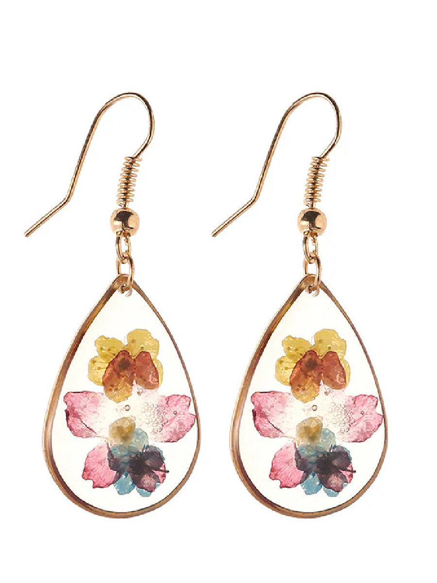Pendientes de lágrima con flores prensadas en acuarela de Van Gogh 
