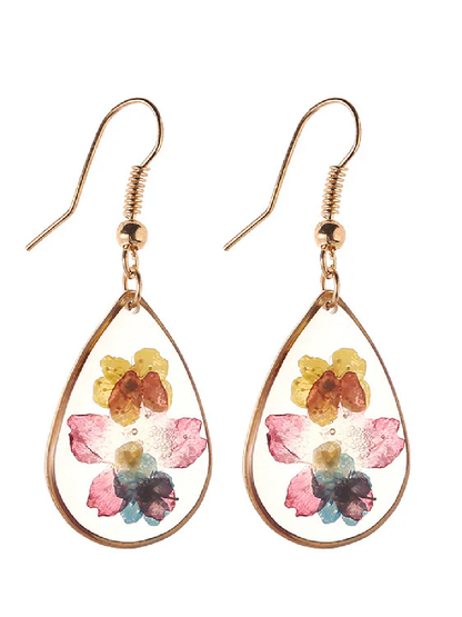 Pendientes de lágrima con flores prensadas en acuarela de Van Gogh 