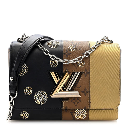 Calfskin Reverse Monogram Studded Twist Shoulder Bag MM Black Gold