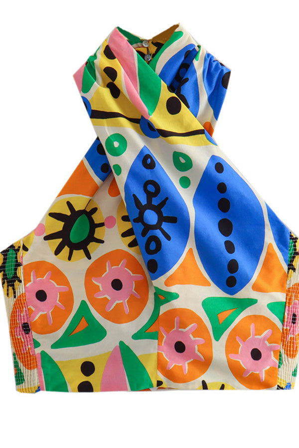 Conjunto de top corto con cuello halter estampado y falda