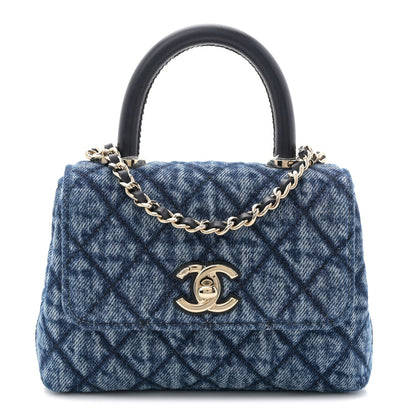 Washed Denim Quilted Coco Handle Clutch With Chain Blue