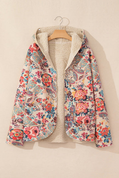 Chaqueta con capucha y forro de sherpa con estampado floral vintage de cachemira en beige