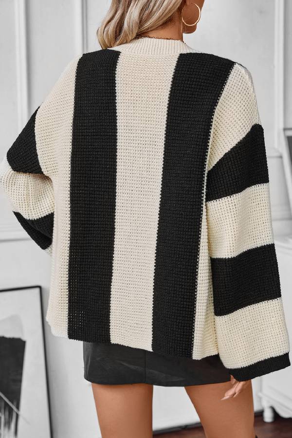 Suéter tipo cárdigan de rayas contrastantes para mujer, camisa informal holgada de punto para otoño e invierno. 
