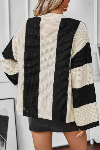 Suéter tipo cárdigan de rayas contrastantes para mujer, camisa informal holgada de punto para otoño e invierno. 