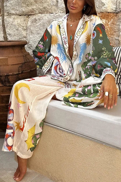 Conjunto de camisa holgada de manga larga y pantalones con cintura elástica con estampado único de belleza bohemia