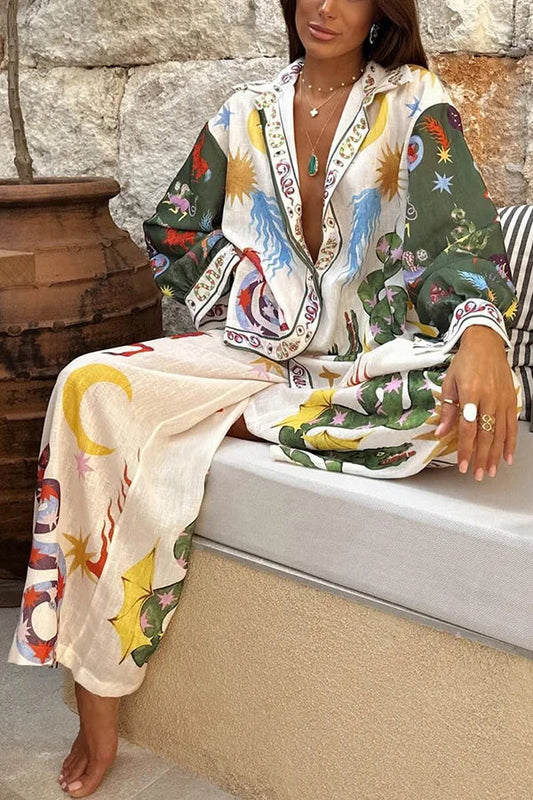 Conjunto de camisa holgada de manga larga y pantalones con cintura elástica con estampado único de belleza bohemia