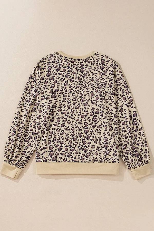 Sudadera holgada informal de manga larga con cuello redondo y estampado de leopardo 