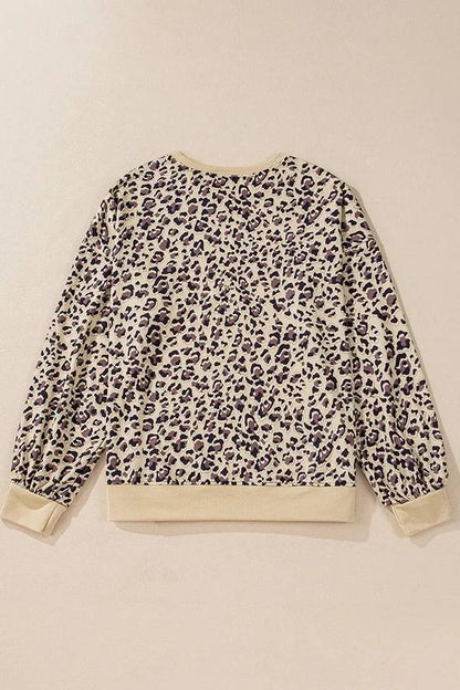 Sudadera holgada informal de manga larga con cuello redondo y estampado de leopardo 