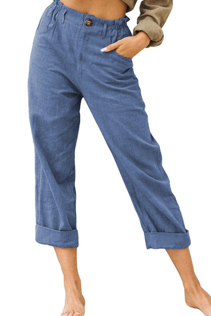 Pantalones casuales de cintura alta holgados de moda de algodón y lino de color sólido