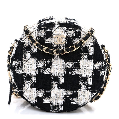 Tweed Quilted Round Clutch With Chain Black Ecru White