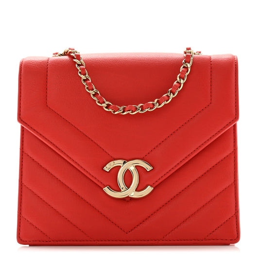 Calfskin Quilted Chevron Small Envelope Flap Red