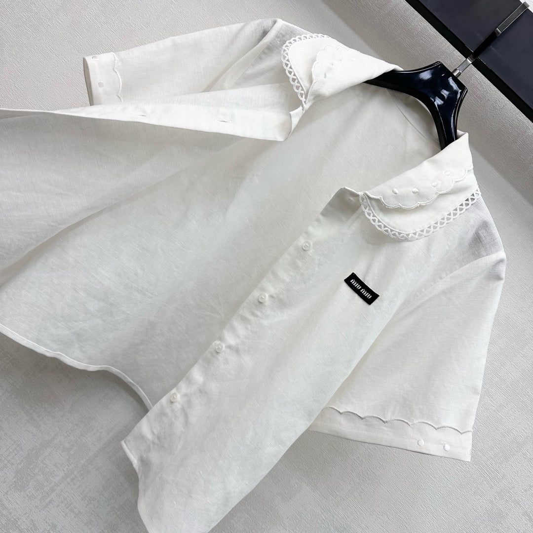 Miu SS26 Set Scalloped-Collar Shirt A-line Skirt White Cotton Linen 351916