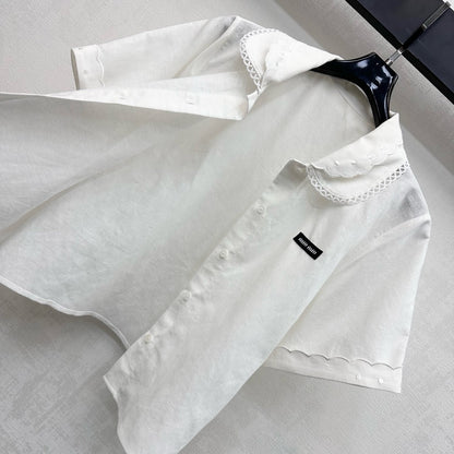 Miu SS26 Set Scalloped-Collar Shirt A-line Skirt White Cotton Linen 351916
