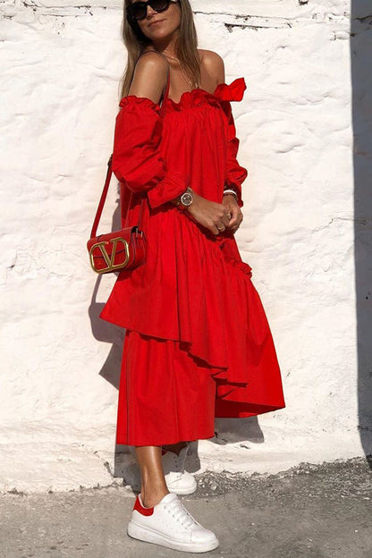Vestido midi holgado con hombros descubiertos y volantes irregulares de Fionna