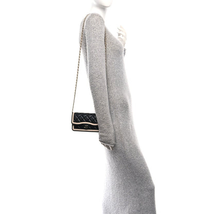 Lambskin Quilted Phone Holder Wallet With Chain Black Beige
