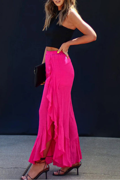 Pantalones anchos de cintura alta con abertura y volantes de rosas