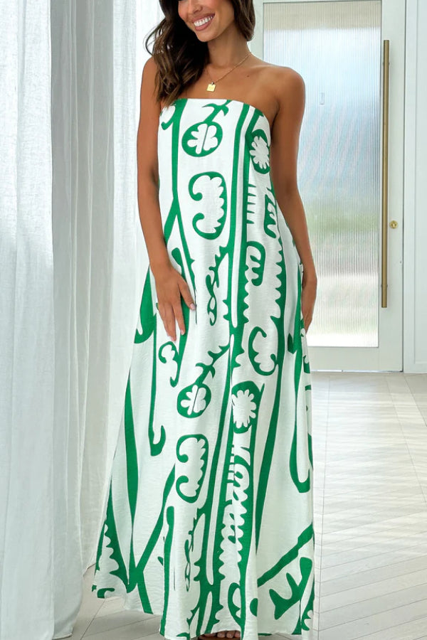 Vestido largo Connie - Blanco y verde tribal