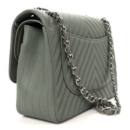 Caviar Chevron Quilted Jumbo Double Flap Green