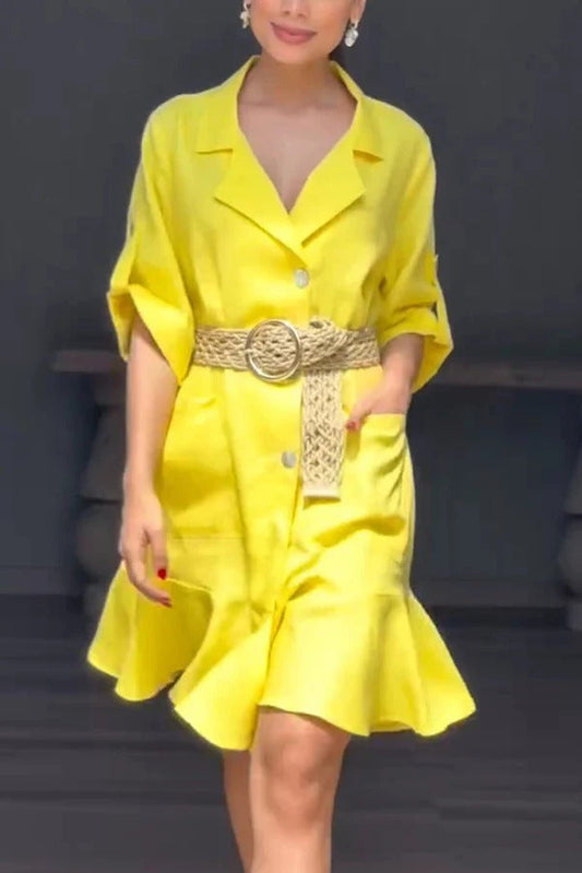Vestido mini holgado con volantes, bolsillo y solapa, informal, de color liso