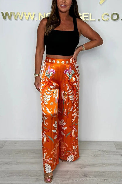 Pantalones anchos y holgados con cintura elástica y estampado de plantas de satén