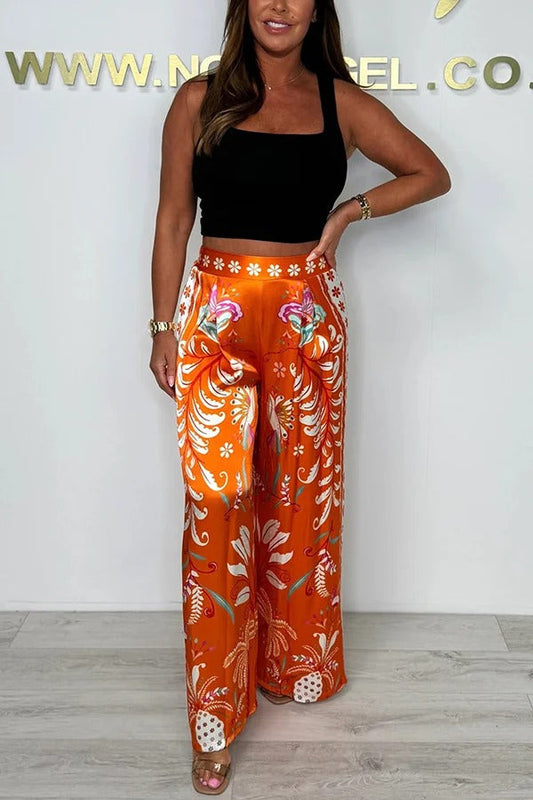 Pantalones anchos y holgados con cintura elástica y estampado de plantas de satén
