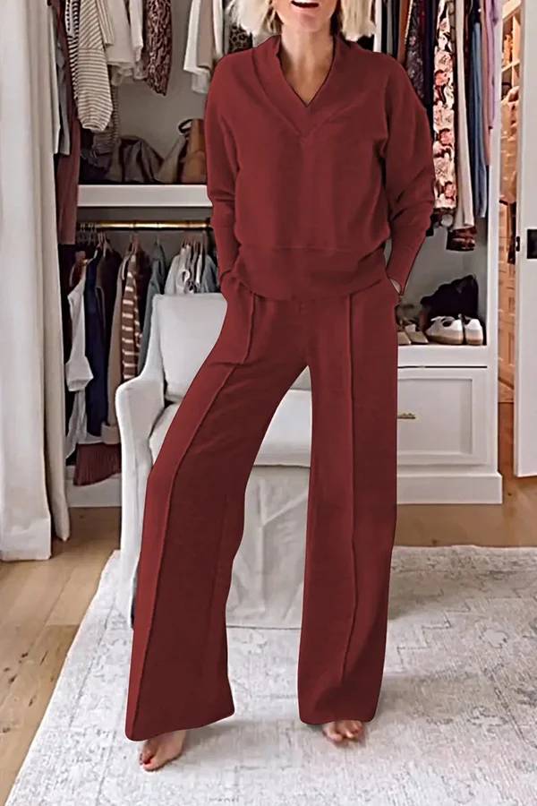 Conjunto de top de cuello en V y pantalones de estar por casa con bolsillos y cintura elástica de color liso para el frío 
