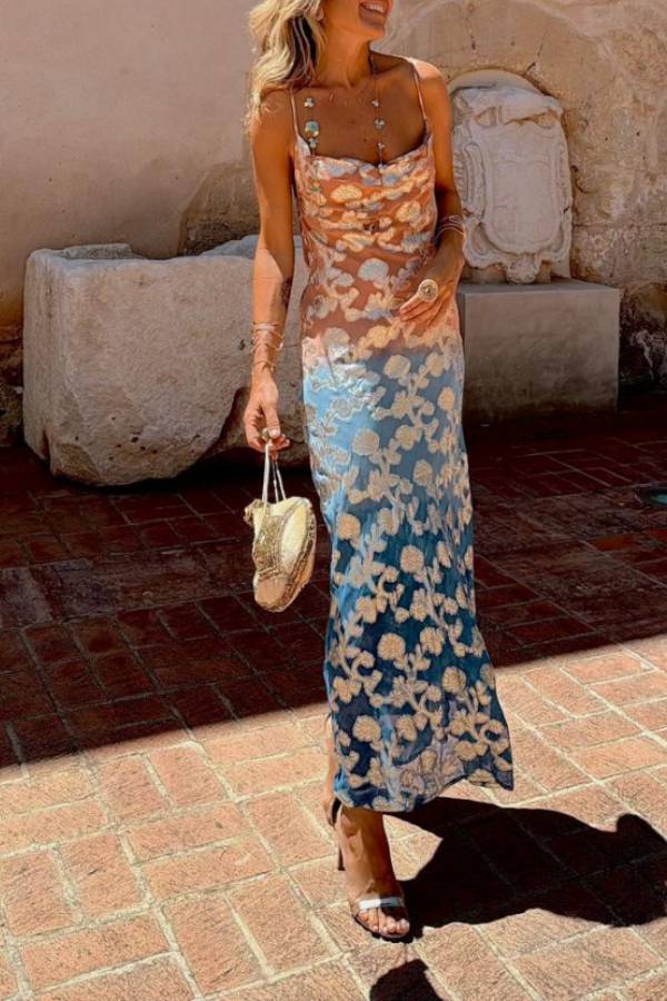 Tie Dye Ombre Gold Floral Print Sexy Strappy Maxi Dress