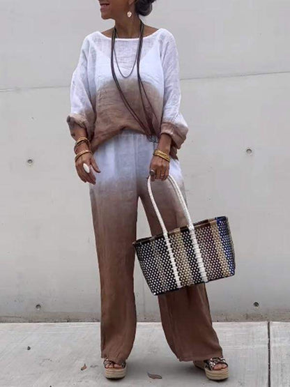 Conjunto de dos piezas de algodón y lino degradado para mujer 