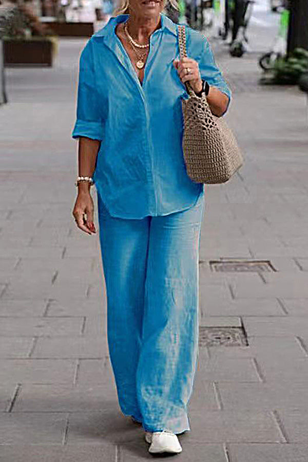 Conjunto de dos piezas: camisa de manga larga con solapa y pantalón ancho de color liso informal