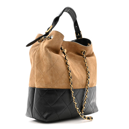 Suede Calfskin Shiny Lambskin Quilted Shopping Bag Beige Black
