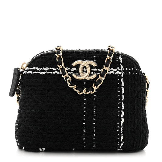 Tweed Quilted Mini Clutch With Chain Black White