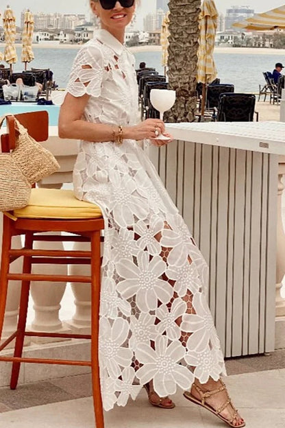 Vestido camisero largo de manga corta con lazo y encaje de crochet floral estilo Dubái