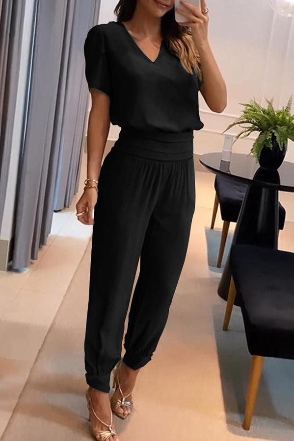 Conjunto de top con mangas abullonadas y pantalón de cintura alta con bolsillos y puños Jemma