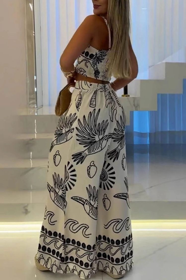 Conjunto elegante y único de top con tirantes y pantalones anchos con estampado étnico