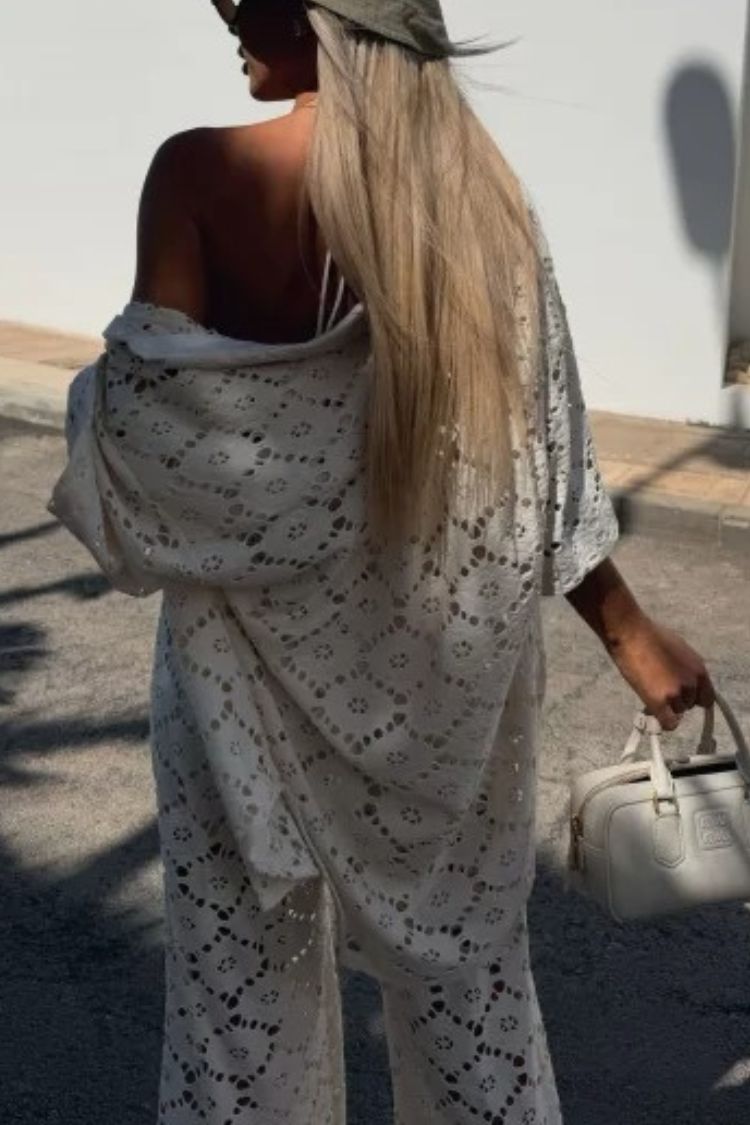 Conjunto de camisa de manga corta con encaje y pantalones anchos con cintura elástica y flores de crochet para las fiestas