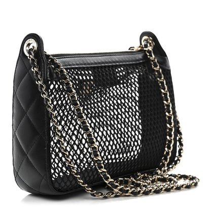 Mesh Shiny Lambskin Clutch With Chain Black