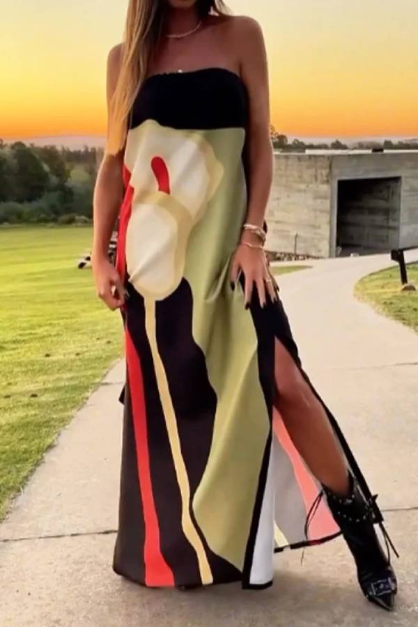 Vestido dividido sin tirantes con estampado artístico de moda