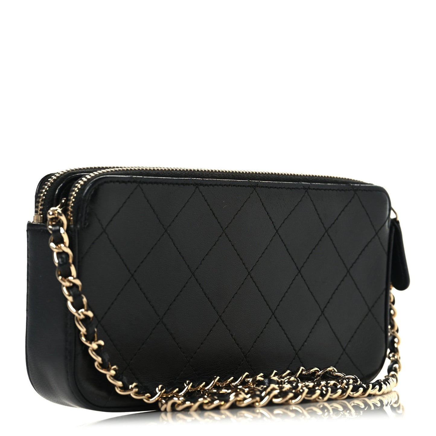 Goatskin Enamel Quilted Small Clutch With Chain Black