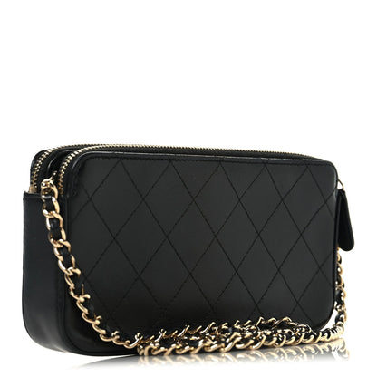Goatskin Enamel Quilted Small Clutch With Chain Black