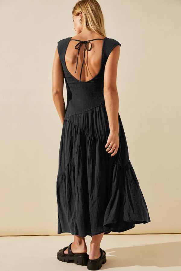 VESTIDO MÁXIMO FEMENINO CON VOLANTES Y FRANJA
