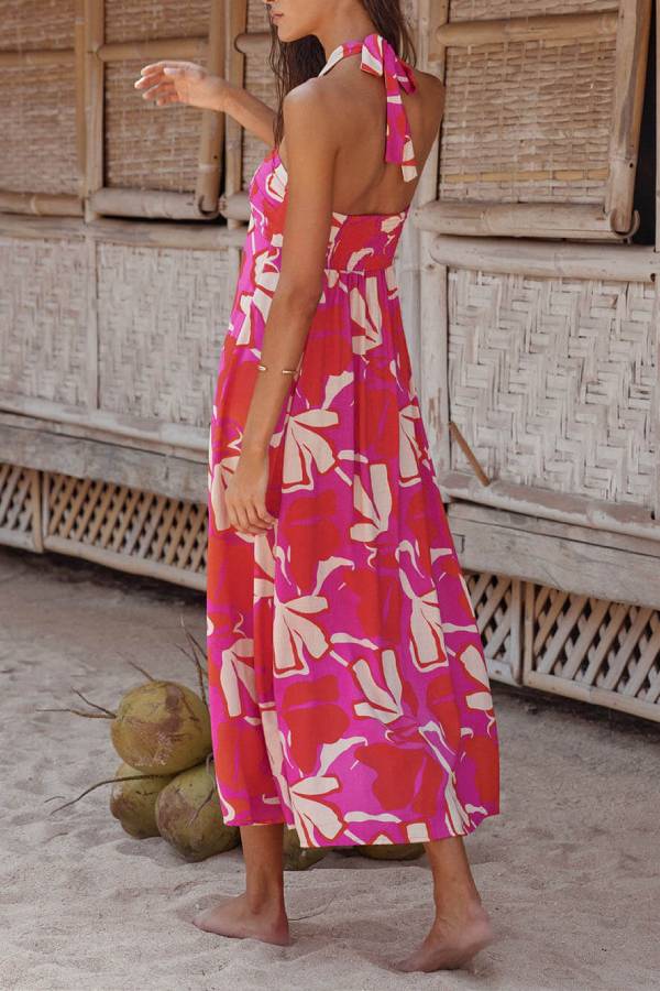 Vestido midi con cuello halter, estampado de loto y bayas 