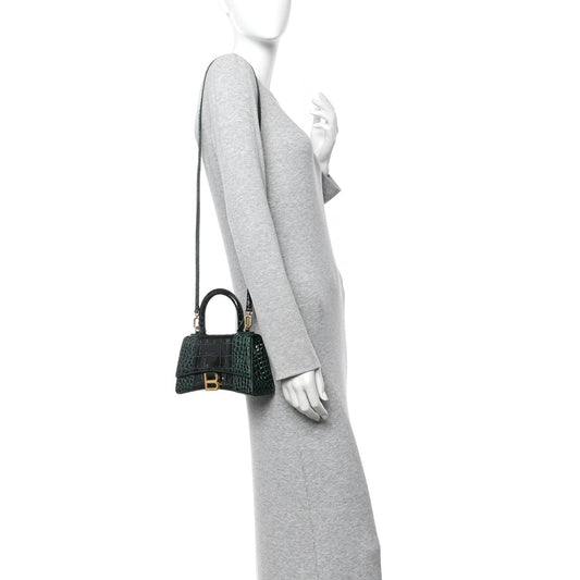 Shiny Calfskin Crocodile Embossed Hourglass Top Handle Bag XS Forest Green